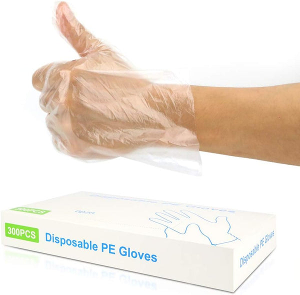 300pcs Disposable Plastic Gloves, Latex Free, Clear Polyethylene Hand Gloves for Cleaning & Food Handling