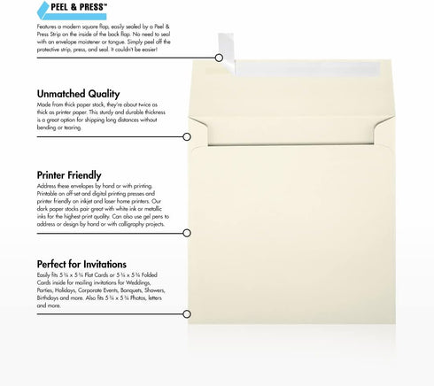 LUXPaper Square Invitation Envelopes | 6" x 6" | Peel & Press | 70lb. Text | Natural | 50 Qty