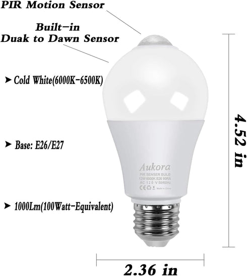 Bulbs, 12W (100-Watt E26 Bulb Closet(Cold 2 Pack) Aukora Motion Sensor Light Equivalent) Motion Activated Dusk to Dawn
