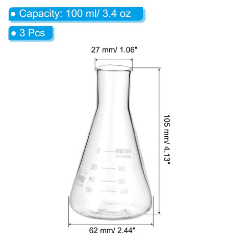 PATIKIL Erlenmeyer Flask, 3 Pcs 100ml 3.4oz Narrow Mouth Graduated Flasks Borosilicate Glass with Printed Graduation for Lab Experiment Chemistry Science Study
