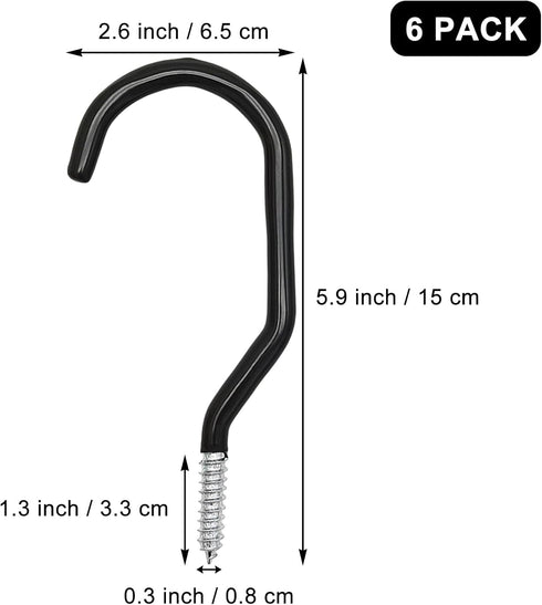 6PCS Black Heavy Duty Bike Storage Hooks, Wall Mounted Hooks for Bicycle, Large Screw Hooks