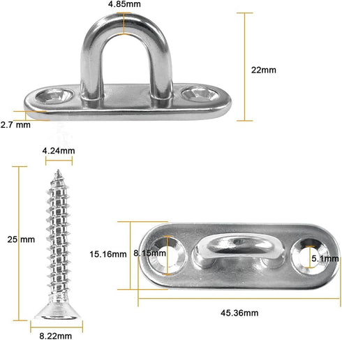 Stainless Steel Pad Eye Plate U Hooks + Snap Hook, Marine Hardware Staple Hook Loop with Screws, 4 Pack