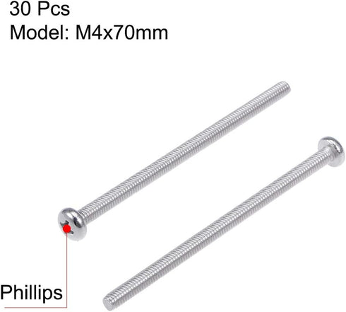 uxcell M4x70mm Machine Screws Pan Phillips Cross Head Screw 304 Stainless Steel Fasteners, 30Pcs