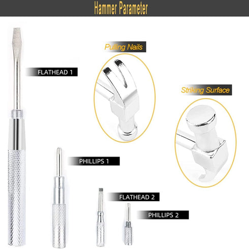 6 in 1 Mini Multifunction Copper Hammer and Screwdriver Hand Tools, Screwdriver Kit for Opening Walnuts, Watchmaker, and Household Repairing Tool (Silver) by HomeClean