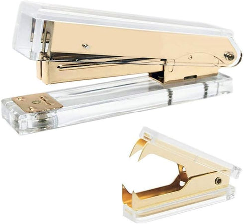 Office Stapler Set, Clear Acrylic Dark Gold Tone Manual Staplers and Staples Remover Tool for Desktop Accessories
