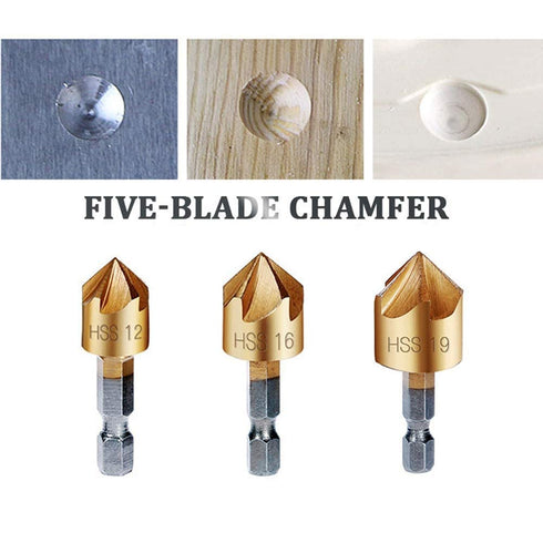 Countersink Drill Bit Set, 3 Pcs 1/4'' Hex Shank High Carbon Steel 5 Flute Countersink Tool Sets