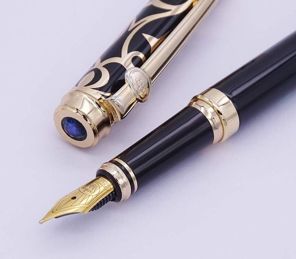 Lanxivi Duke Sweet Heart Pattern Gold Trim Fountain Pen with Sapphire Jewelry Pen Pouch