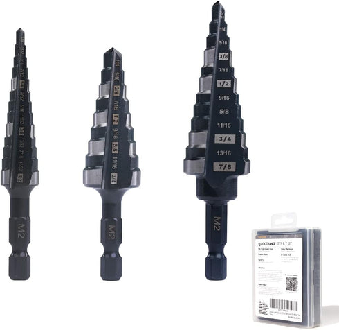 1/2", 3/4" & 7/8" Quick Change Step Drill Bit Set, M2 High Speed Steel for Hole Drilling in Stainless Steel, Wood