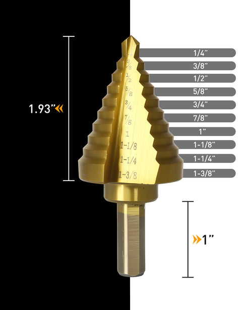 COMOWARE Step Drill Bit for Metal, Titanium Coated, Double Cutting Blades, 10 Sizes from 1/4” to 1-3/8"