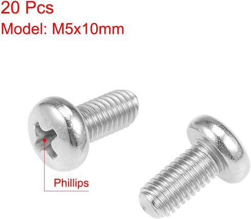 uxcell M5x10mm Machine Screws, Phillips Cross Pan Head Screw, 304 Stainless Steel Fasteners, 20Pcs