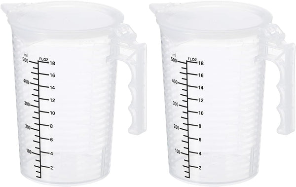 PATIKIL Graduated Beaker, 2 Pack 500ml PP Plastic Liquid Measuring Cup with Double Sided Black Graduations, Handle Lid