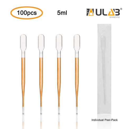 ULAB Sterile Transfer Pipette, Essential Oils Pipettes Vol. 5ml, 2ml Graduated, 0.5ml Graduation Interval, 155mm Long, Low-Density Polyethylene Material, Individual Peel-Pack, Pack of 100, UTP1013