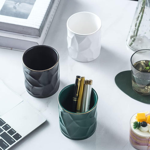 Ceramic Irregular Round Pen Holder for Desk, Cute Stand Gold Line Pencil Cup Pot Organizer for Girls Makeup