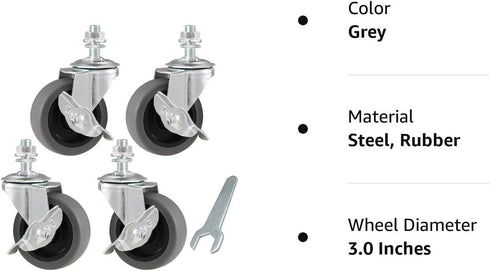 Caster Wheels Set of 4, 3" Locking Swivel Stem Casters with Brake, Rubber Casters with 360 Degree No Noise