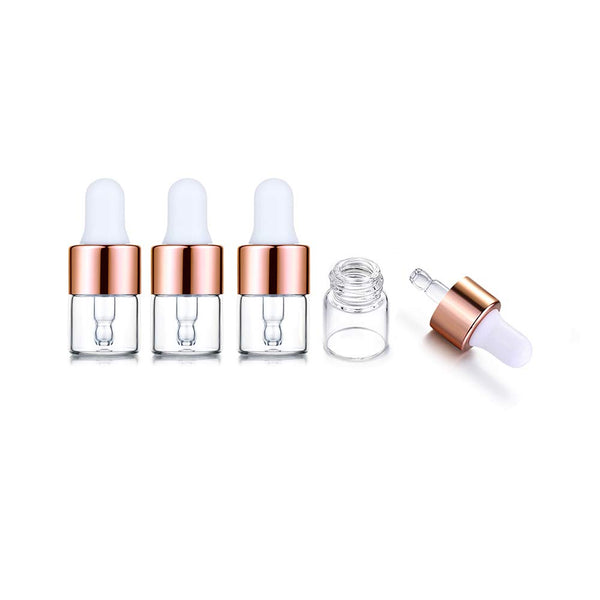 30 Pcs Clear Glass Dropper Bottles - Essential Oil Sample Bottles with Rose Gold Lids (1ml)