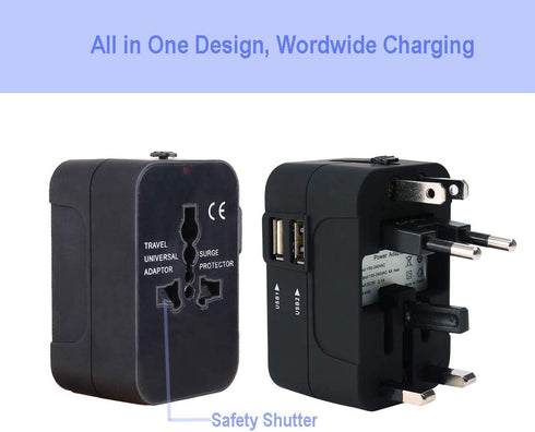 Worldwide All in One Travel Adapter, Universal Plug with 2.1A Dual USB Charging Ports for Asia, Europe, UK, AUS, USA