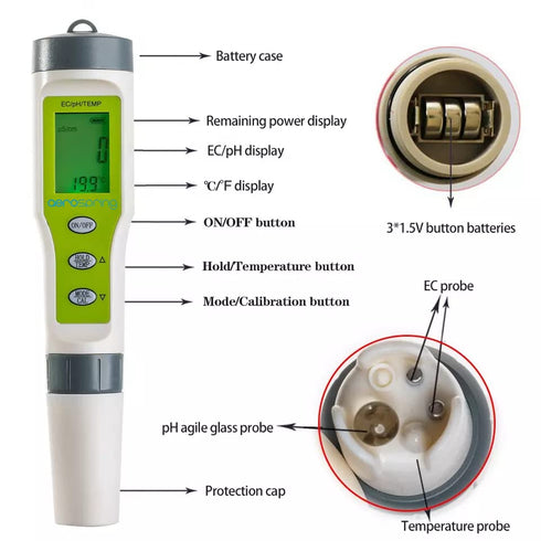 3-in-1 Waterproof Multifunction Digital Meter, Measures EC, pH, and Temperature for Hydroponic Systems