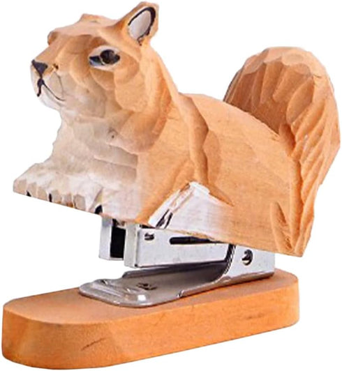 Wooden Animal Stapler Set, Squirrel Desktop Stapler, Handmade Wood Carving for Office Stationery