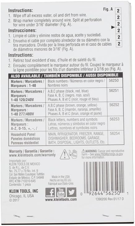 56250 1-48 Klein Tools Wire Marker Book for Cable Management, Electric Panel Organization Wire Label Stickers, Numbered