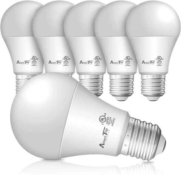 AmeriTop A19 LED Light Bulbs, 6 Pack, Efficient 9W (60W Equivalent), 830 Lumens, UL Listed, Non-Dimmable, E26 Standard