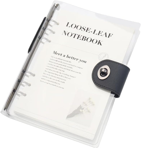 Clear A5 Refillable Notebook Binder - 90 Sheets Lined Paper, Black 6-Ring Soft Transparent PVC Binder Cover Protector