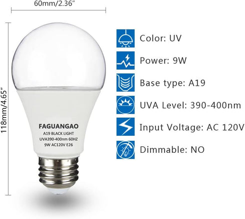 FAGUANGAO 9W A19 UV Blacklight Bulb, 75W Equivalent, E26 Medium Base, 120V UVA 390-400nm, 4 Pack for Parties
