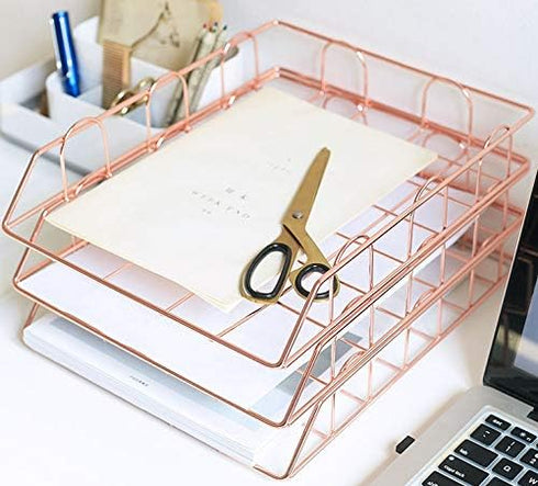Jolitac Rose Gold 4-Tier Stackable Paper Tray Desk Organizer, Decorative Stacking Rack for File Documents in Home &