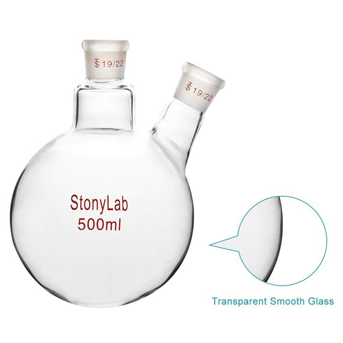 StonyLab Glass 500ml Heavy Wall Round Bottom Flask RBF, 19/22 Center and Side Standard Taper Outer Joint