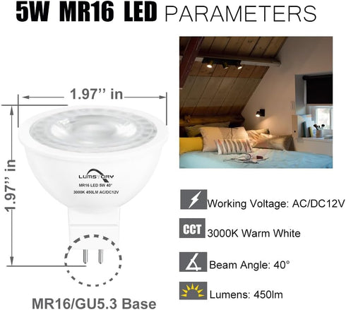 MR16 LED 12V Bipin Bulb 3000K Warm White 50W Halogen Replacement GU5.3 5W 450lm 40 Degree Flood Beam Angle for Landscape and Track Lighting 10-Pack by LumStory