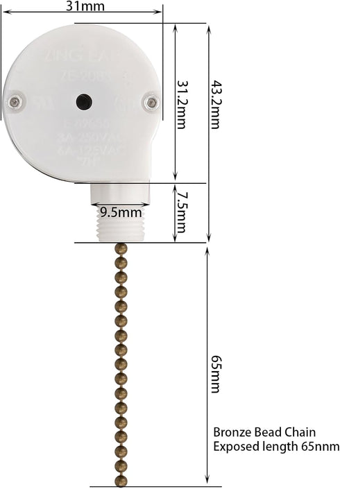 Topbuti 2 ZE-208s E89885 3 4 4 Pcs Ceiling Fan Switch Zing Ear Speed Wire Pull Chain Switch Fan Light Switches