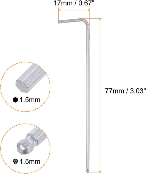 Ball End Hex Key Wrench 1.5mm L-Shape Long Arm Hexagon Metric Wrenches Chrome Vanadium Steel Repairing Tool for Home Repair, Silver Tone