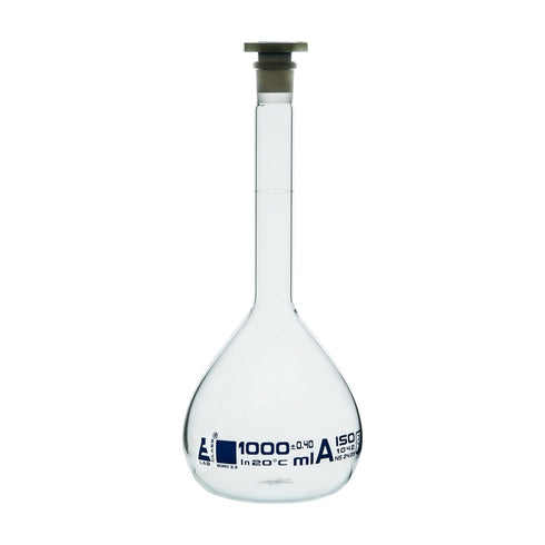 EISCO 1000ml Volumetric Flask - Class A, Borosilicate Glass with Blue Graduation, Polyethylene Stopper, Tolerance ±0.400