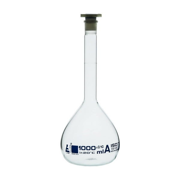 EISCO 1000ml Volumetric Flask - Class A, Borosilicate Glass with Blue Graduation, Polyethylene Stopper, Tolerance ±0.400