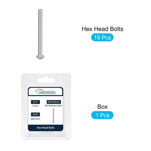 Hex Bolts (M6-1x70mm) 15Pcs, Fully Threaded Coarse Hex Head Screw Bolt Machine Screws - 304 Stainless Steel, Silver