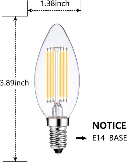 LED E14 Base Light Bulbs, Warm White 2700K, 60W Dimmable, 6W Candle Bulb, 6 Pack