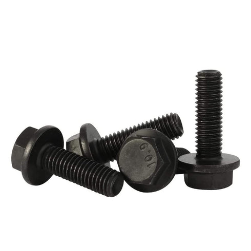 M6 x 20mm Flanged Hex Head Bolts, Full Thread Alloy Steel Screws, Black Oxide Finish, Quantity 25