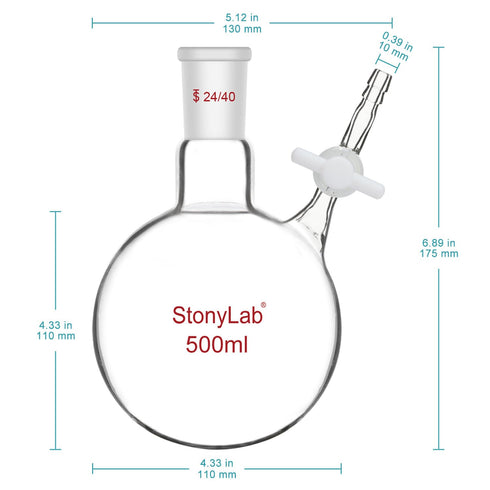 stonylab Borosilicate Glass Reaction Flask, Single-Neck with 24/40 Joint and PTFE Stopcock Valve, 500 ml