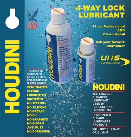 11 oz Houdini Lock Lube Professional Lock Lubricant Spray, - Greaseless, Graphite-Free, Dielectric Cleaner & Protectant