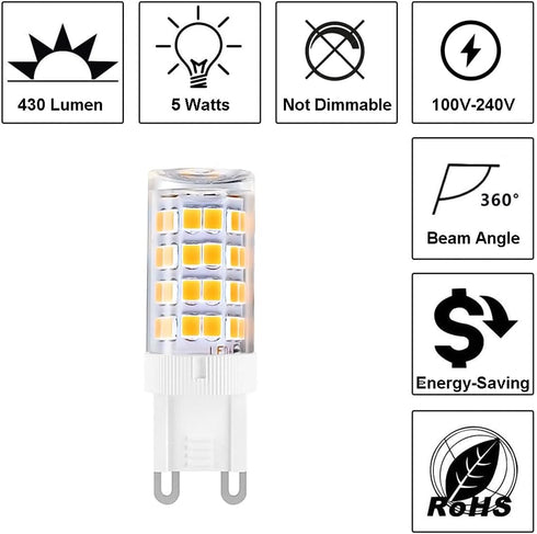 G9 LED Light Bulbs, 5W (40W Halogen Equivalent), 100V-240V, 430LM, Warm White 3000K, G9 Base, 12-Pack