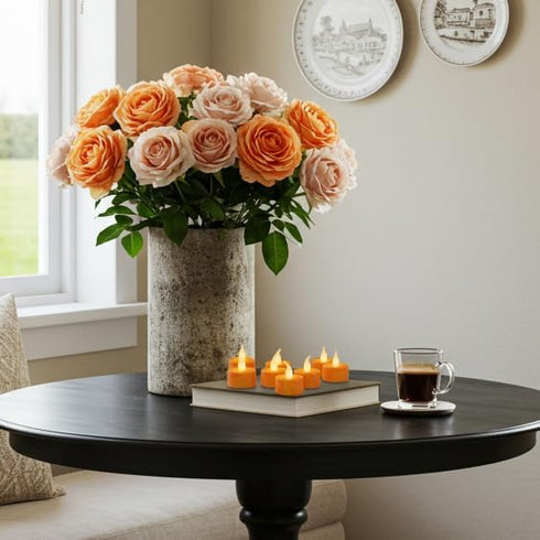 Pack 12, 1.5(W) 1.65(H), FURORA LIGHTING Orange Glitter LED Tealight Candles of Flameless Flickering Tealight Candles