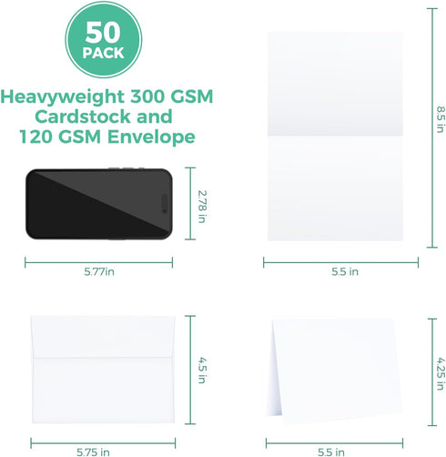 50 Pack 5" 7" A7 Ohuhu Blank White Cards and Envelopes - x Heavyweight Folded Cardstock and Envelopes for DIY Greeting