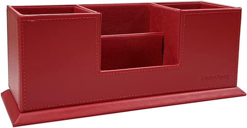 UnionBasic Desk Organizer, Desktop Caddy, Leather Multi-compartment Pen Holder, Office Stationery Organizer, Red