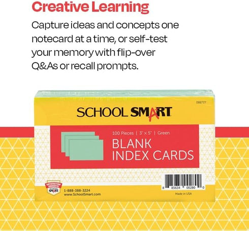 School Smart Blank Plain Index Cards, 3 x 5 Inches, Green, Pack of 100