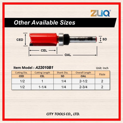 1/4" 1/2" 1" (A22010B1-1/2*1") ZUQ Flush Trim Router Bit, Shank, Cut Dia. Cutting Height, Carbide Tipped, Top Bearing