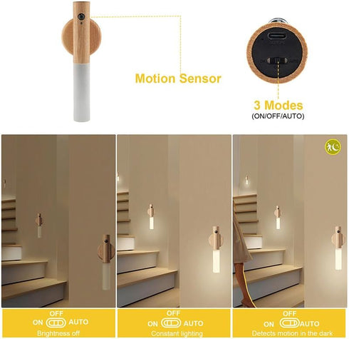 2PC) LANDGOO Wooden Motion Sensor Night Lights, Magnet Body Hallway Lamp, Rechargeable LED Wall Sconces, Portable