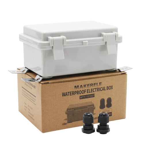 MAKERELE Waterproof Outside Electrical Box with Lock, Wall Bracket, Hinged Cover, Grey Plastic, IP65, 2 NPT Glands