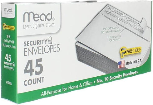 Mead Press-it Seal-it No.10 Security Envelopes, 4.125 x 9.5-Inches, White, 45 Count, Pack of 2 (90 Count Total)