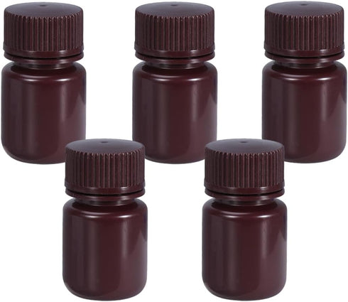 1 oz Wide Mouth Lab Reagent Bottle, Sealed Leak-proof Amber HDPE Chemical Container, Pill Bottle (5 Pcs)