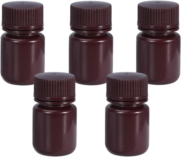1 oz Wide Mouth Lab Reagent Bottle, Sealed Leak-proof Amber HDPE Chemical Container, Pill Bottle (5 Pcs)