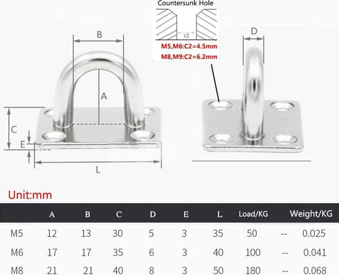 Heavy Duty U-Shaped Pad Eye Plate Staple Ring Hook Loop Sail Shade Hardware - Stainless Steel Hammock Hooks for Wall